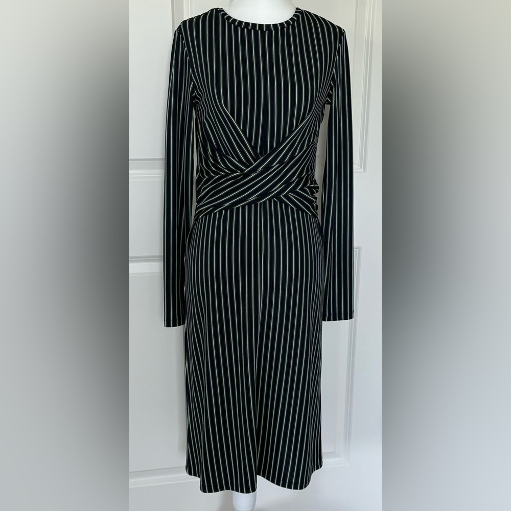 Ann Taylor Black and White Long Sleeve Twist-Waist Midi Dress